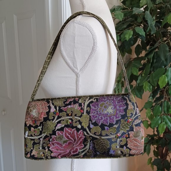 Shanghai Tang Handbags - Shanghai Tang Leather & Silk Floral Brocade with Beading Shoulder Bag